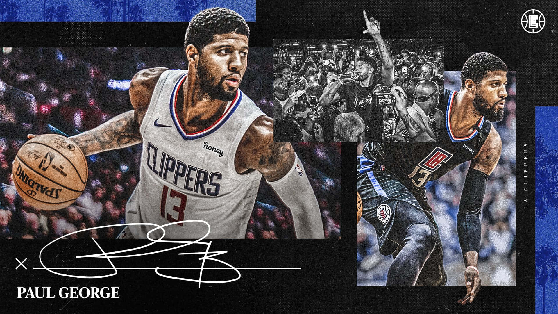 Paul George 身穿快艇隊球衣，手持籃球，搭配人群和簽名圖案。
