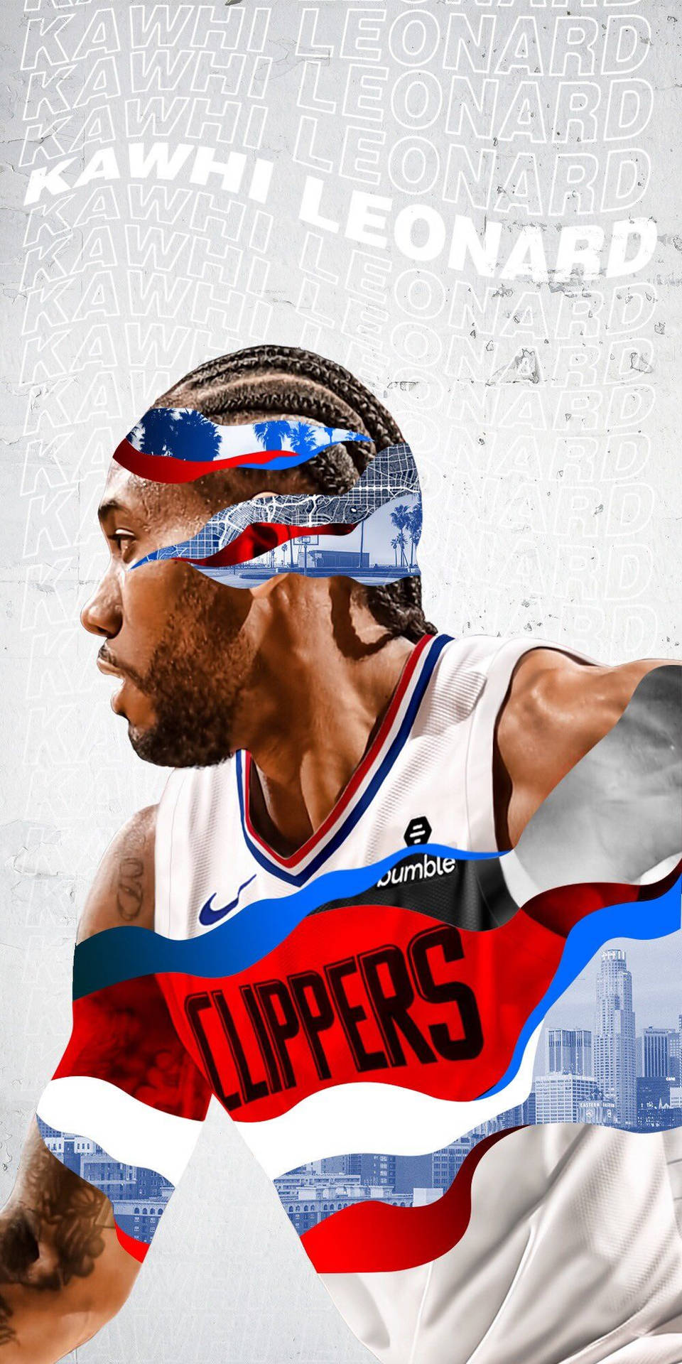 身穿快艇隊球衣的Kawhi Leonard，帶有城市景觀和旗幟設計元素。