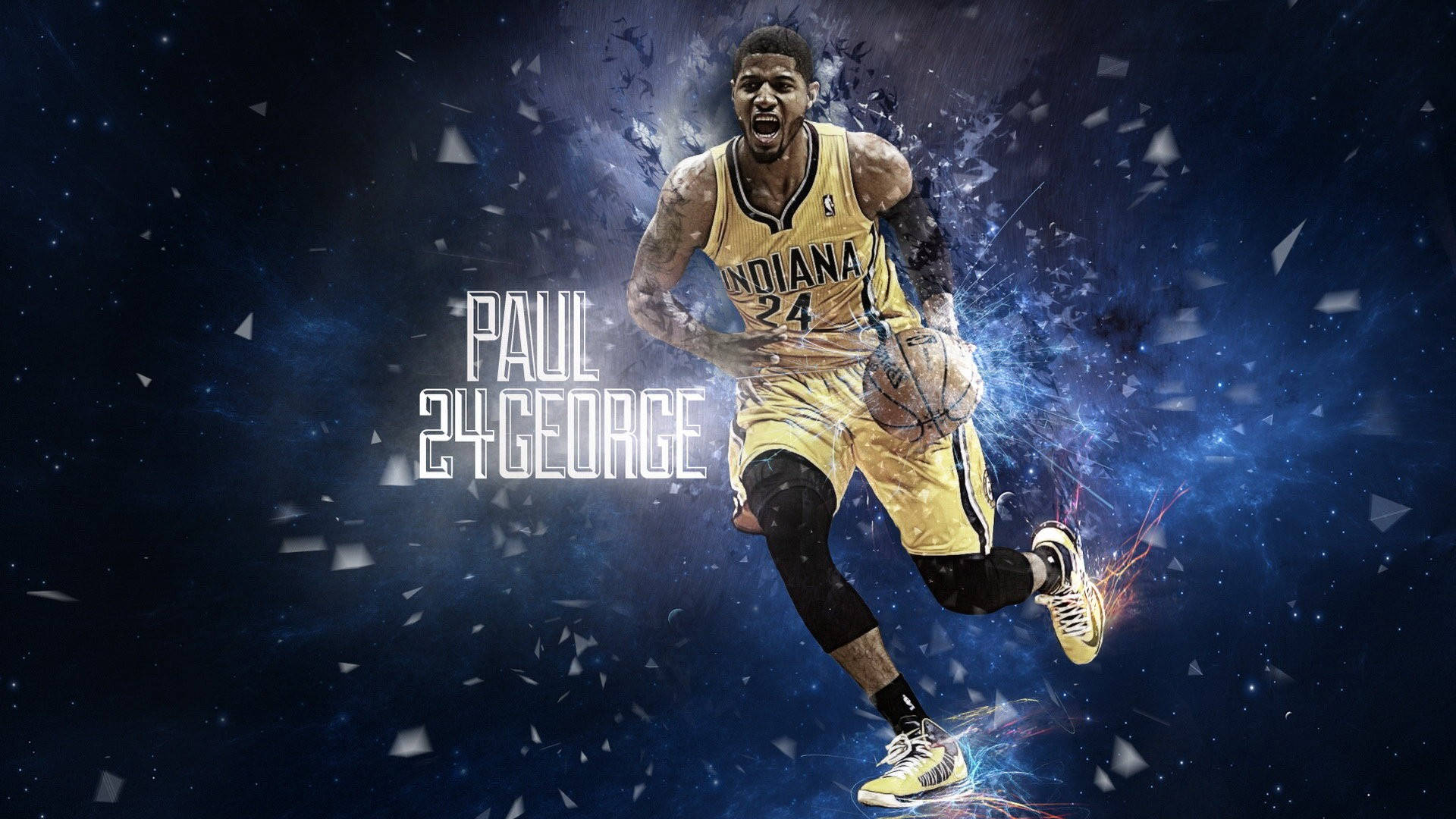 Paul George 身穿印第安納溜馬球衣，在星空宇宙背景中騰空。