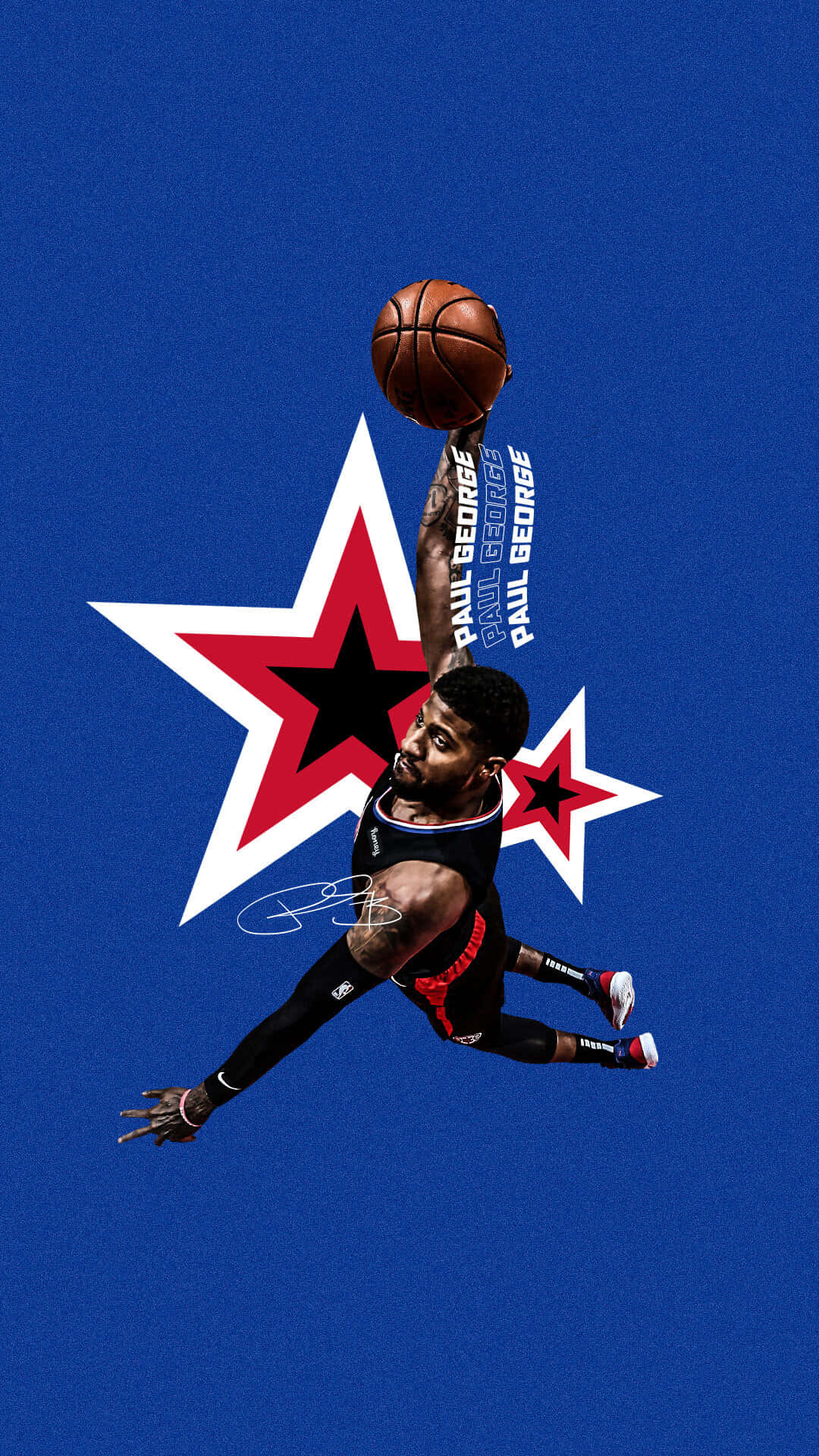 運動員 Paul George 在空中將籃球扣入星星標誌上方。