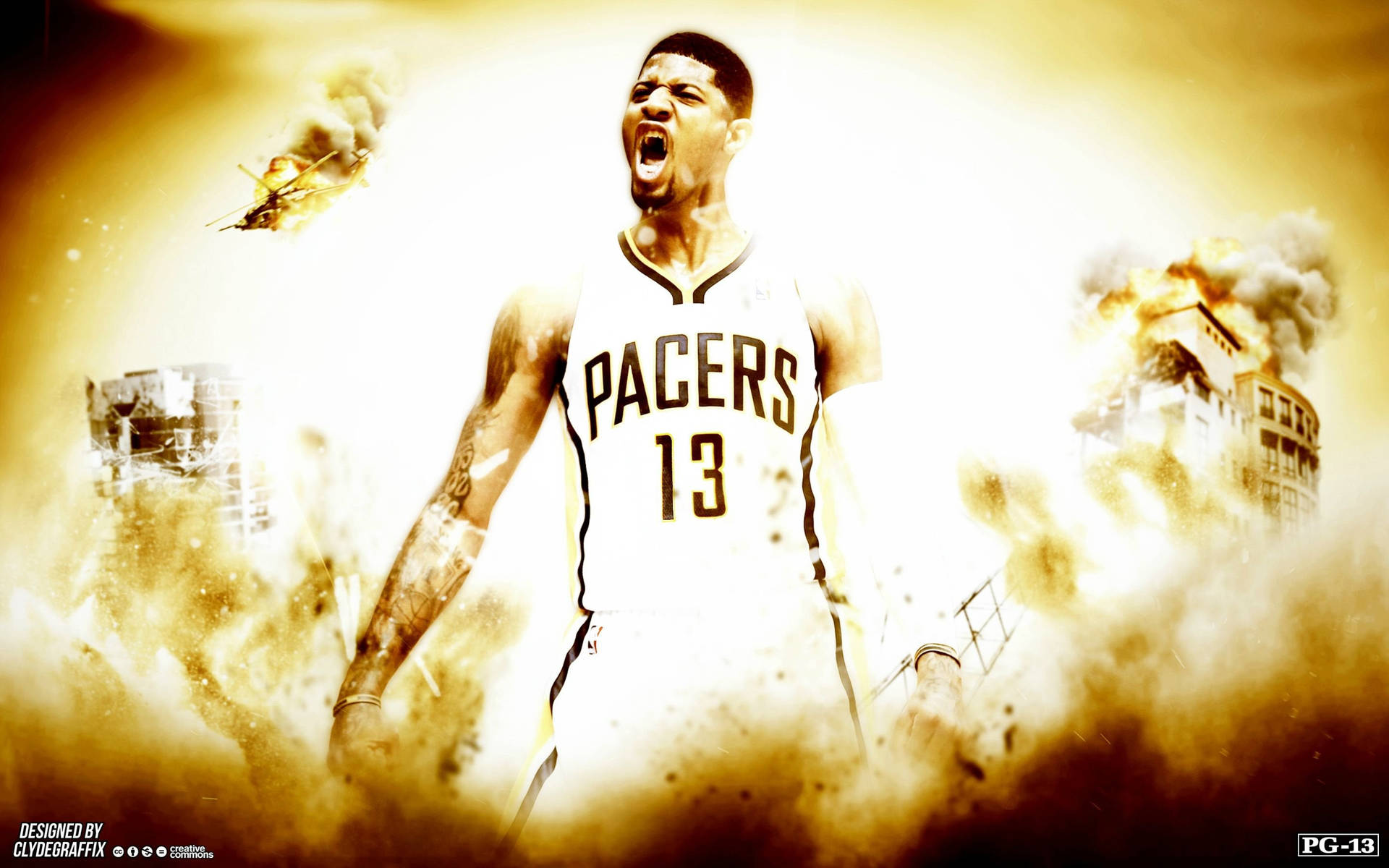 身穿Pacers球衣的籃球運動員在熾熱的城市毀滅中怒吼。