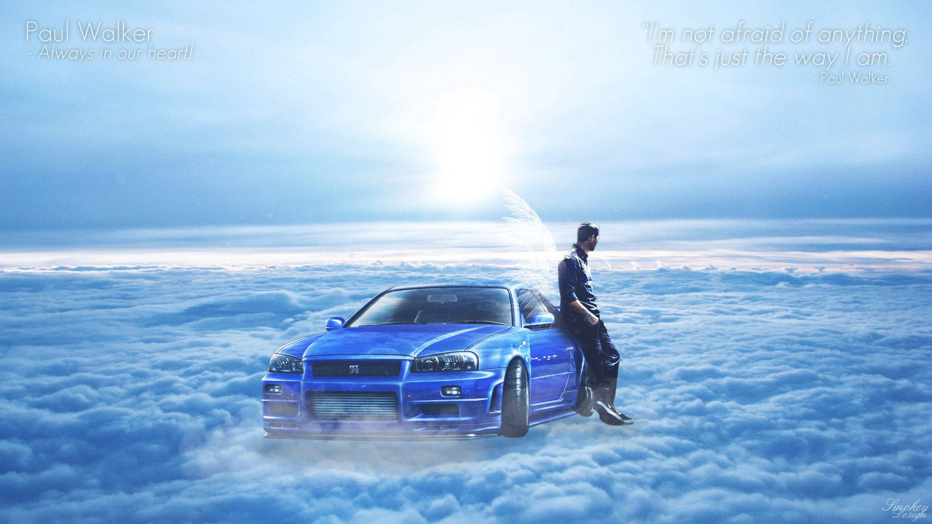 男人靠在雲端上的藍色汽車，背景有日落和致敬文字。
