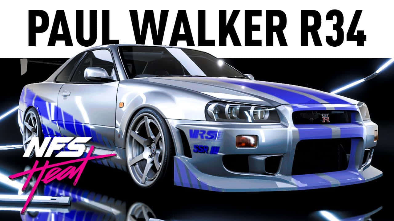 霓虹燈照亮遊戲場景中的銀色日產R34 GT-R，帶有藍色條紋。