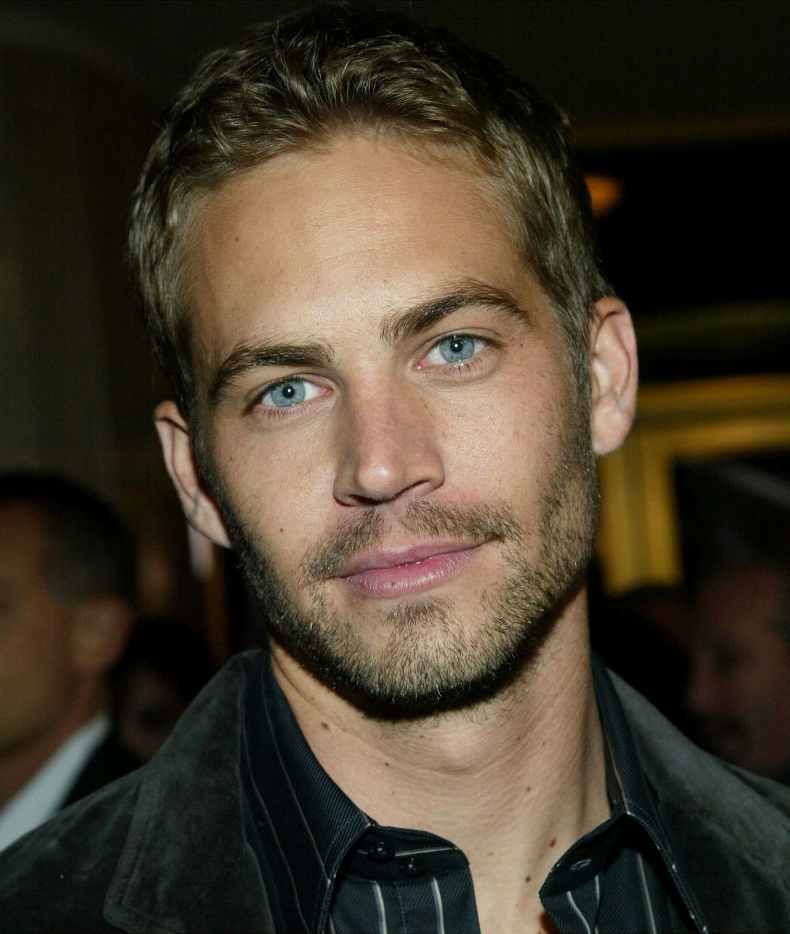 Paul Walker 桌布 壁紙 — 保羅·獲加近距離肖像，藍眼睛，鬍渣，穿著深色外套，在室內活動中。