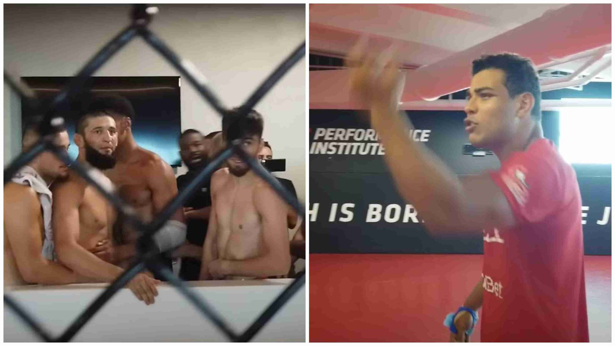 保羅·科斯塔與MMA戰士對話 壁紙 — 赤裸上身的拳手站在籠內，而教練穿著紅衫在表演學院中用力地做手勢。