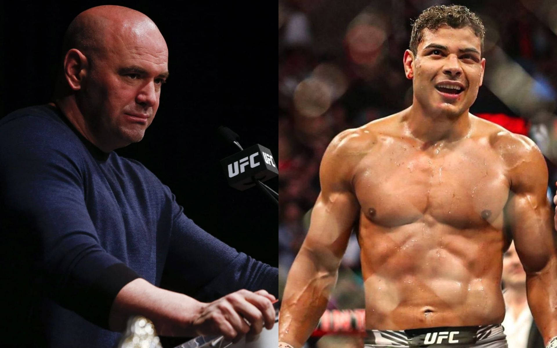 保羅·科斯塔與達納·懷特 壁紙 — UFC主席Dana White在記者會和拳手Gilbert Burns在八角籠慶祝的分割圖像。