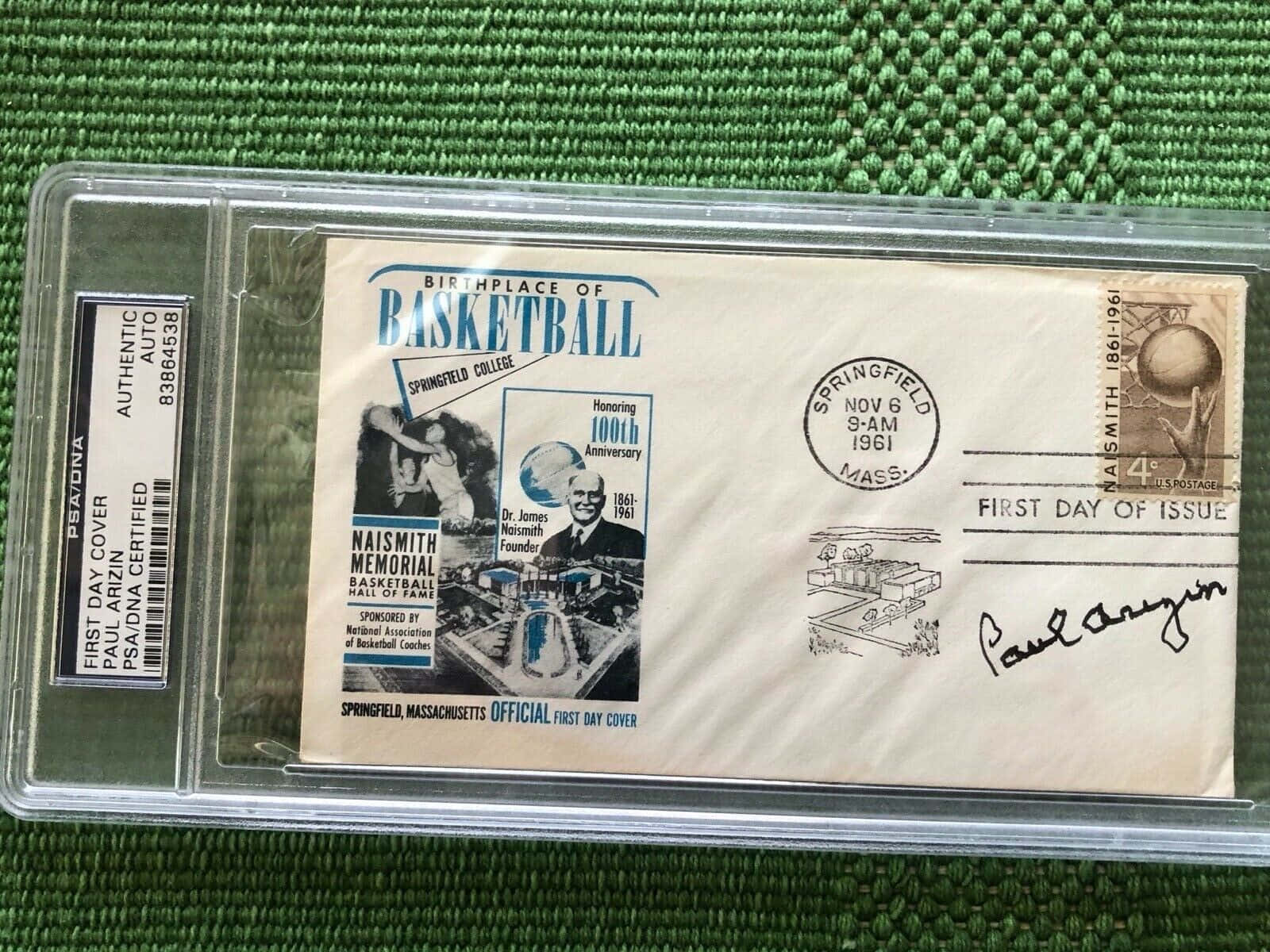 簽名1961年首日封，慶祝籃球發源地，附有Paul Arizin的親筆簽名。