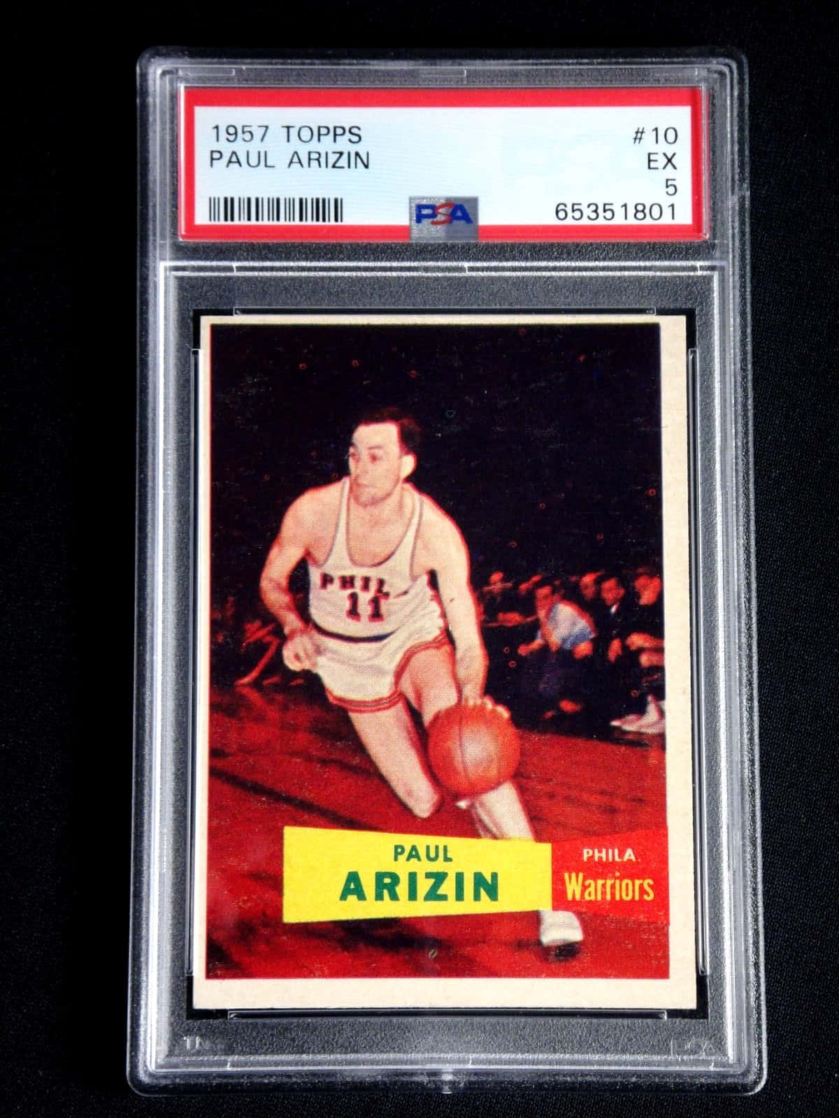 1957年Topps籃球卡，Paul Arizin身穿Phila Warriors球衣在比賽中。