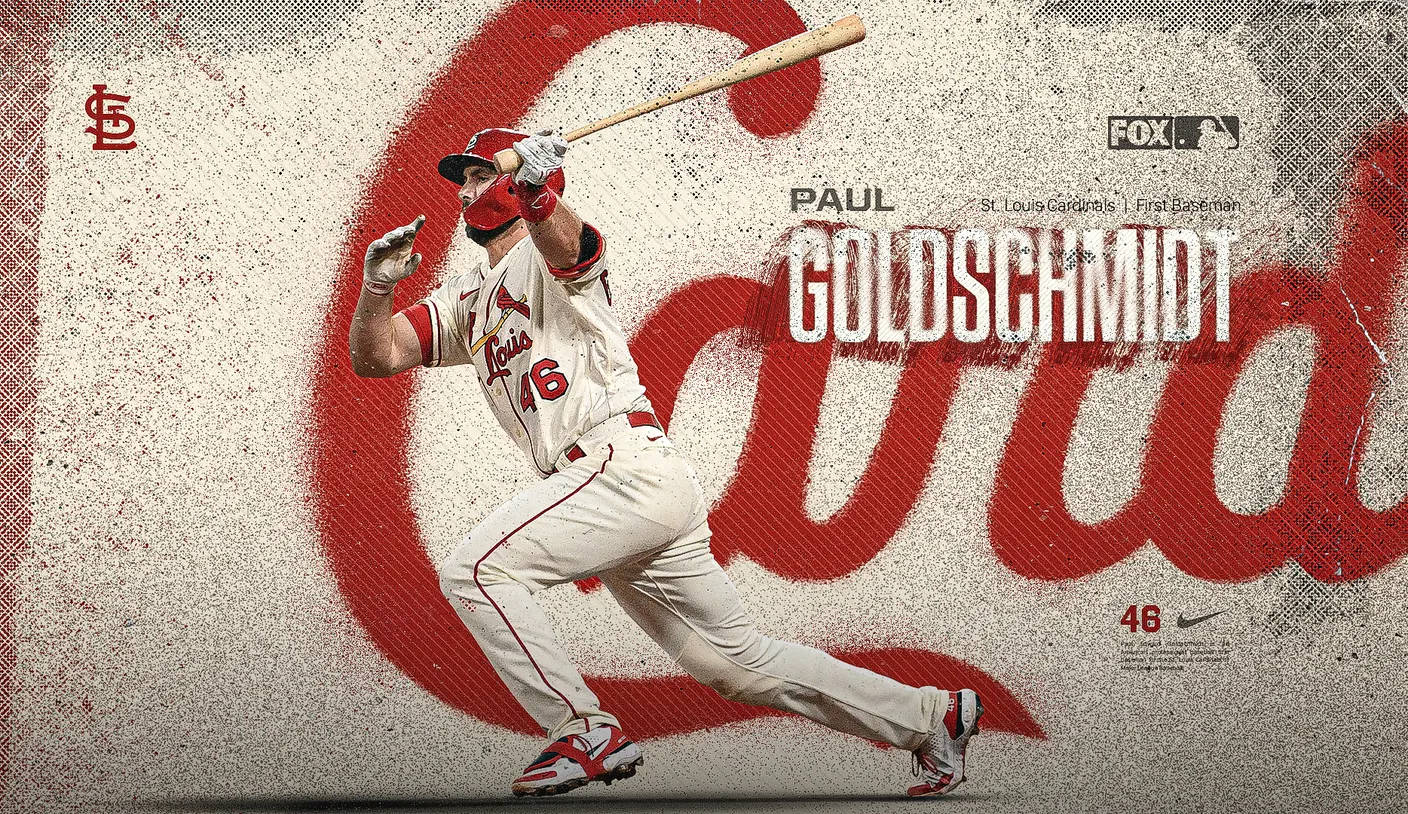 棒球選手 Paul Goldschmidt 身穿紅雀隊球衣揮棒。