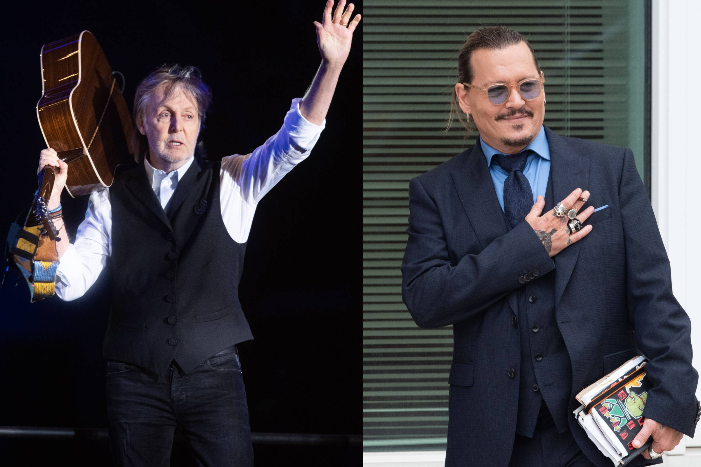 保羅·麥卡特尼與強尼·戴普合照 壁紙 — Paul McCartney 揮動結他，而Johnny Depp則身穿西裝手持書本擺姿勢。