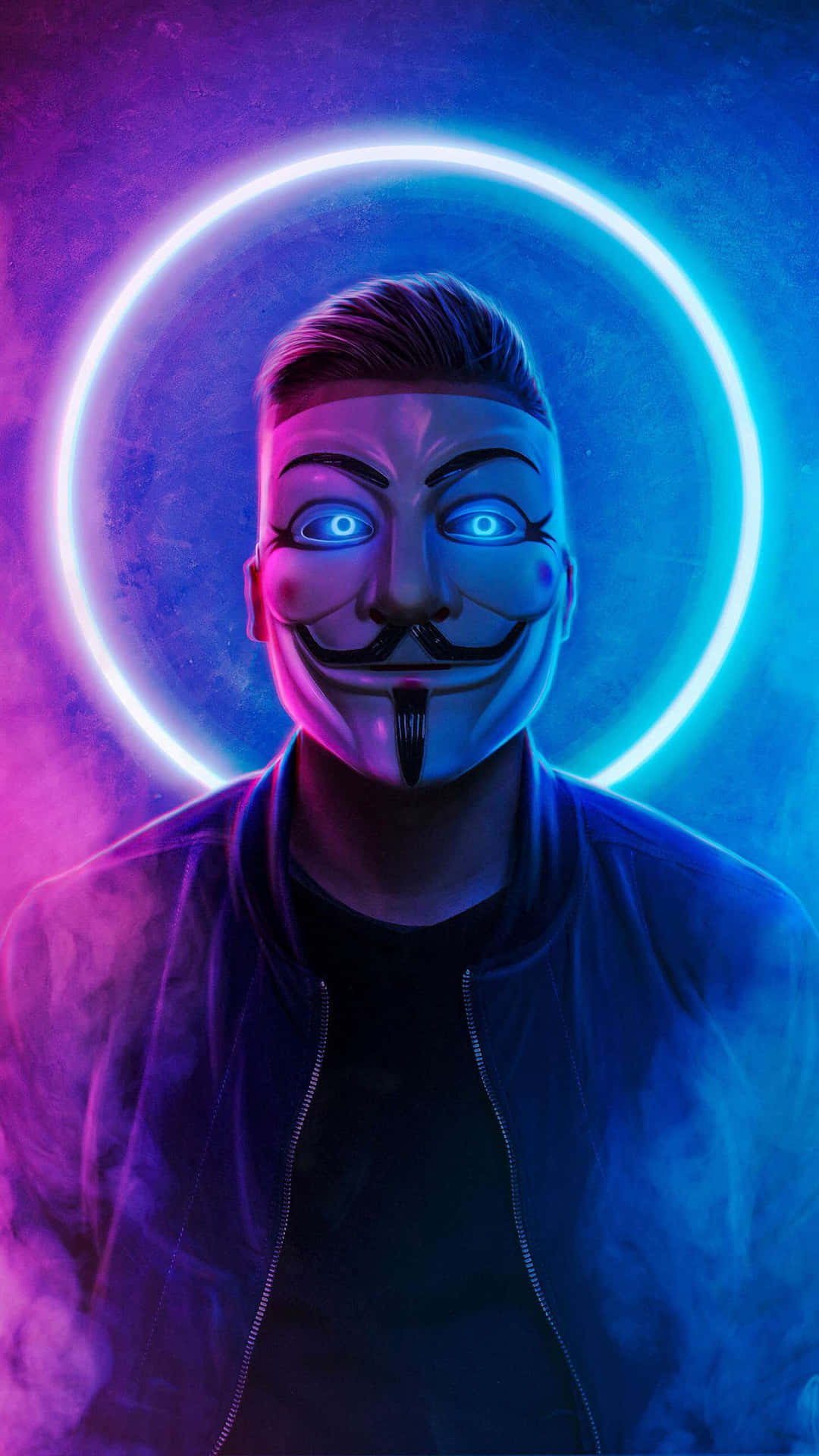 戴著蓋伊·福克斯面具、眼睛發光的人，在煙霧彌漫的藍色和紫色光線下，站在霓虹光環下