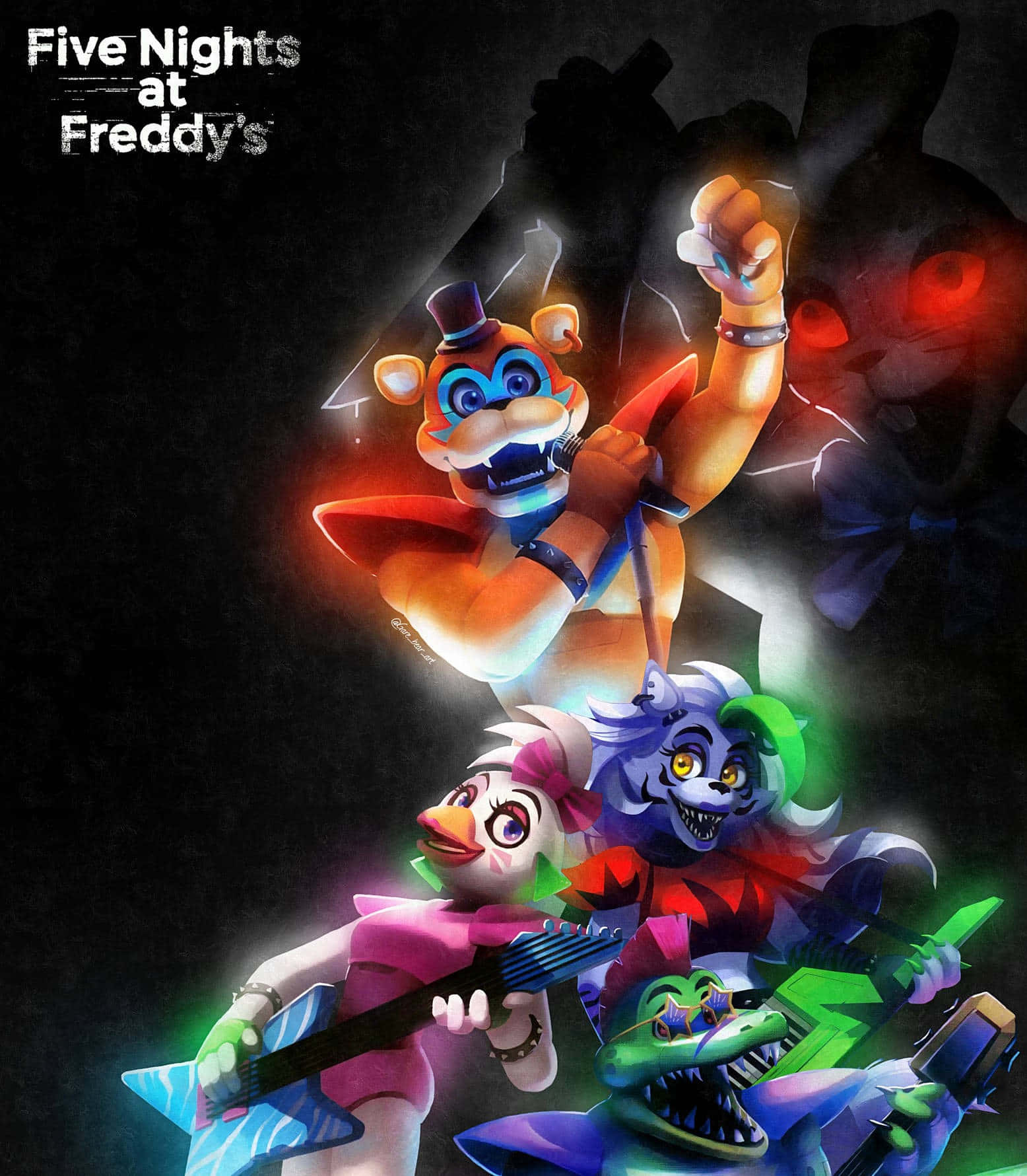 「保護您的資料，主動應對安全漏洞」 壁紙 — Freddy Fazbear 與機械動物樂隊成員在霓虹燈下表演，背後有威脅性的陰影潛伏。
