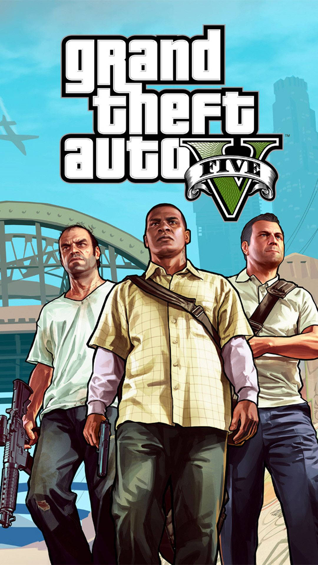 Grand Theft Auto V 桌布 壁紙 — 《俠盜獵車手V》的三位主角在明亮的藍天下自信地站在城市橋樑前。