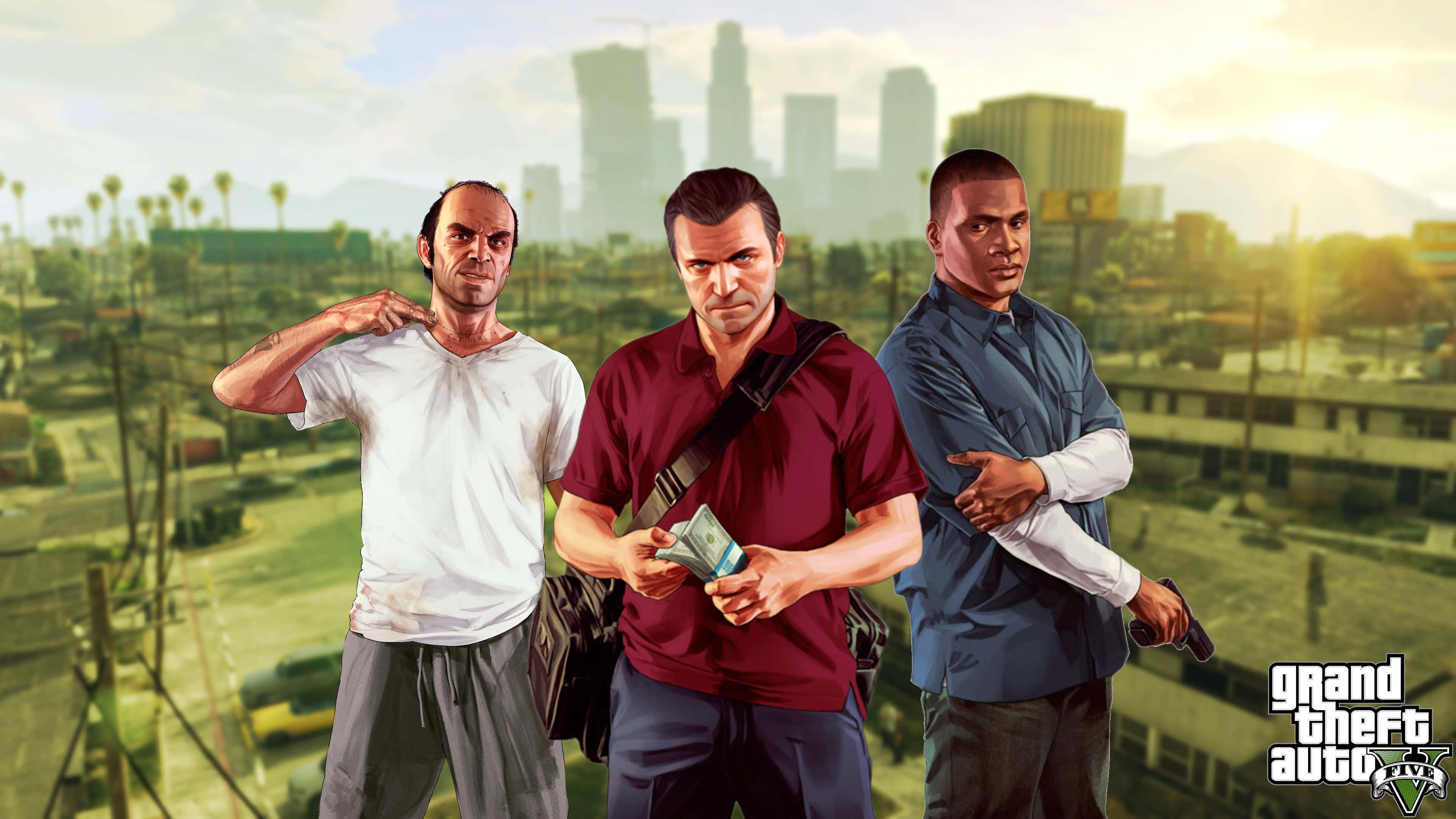 Gta 5 4K 桌布 壁紙 — 《俠盜獵車手V》的三位主角自信地站在陽光普照的城市景觀中，背後是城市天際線。