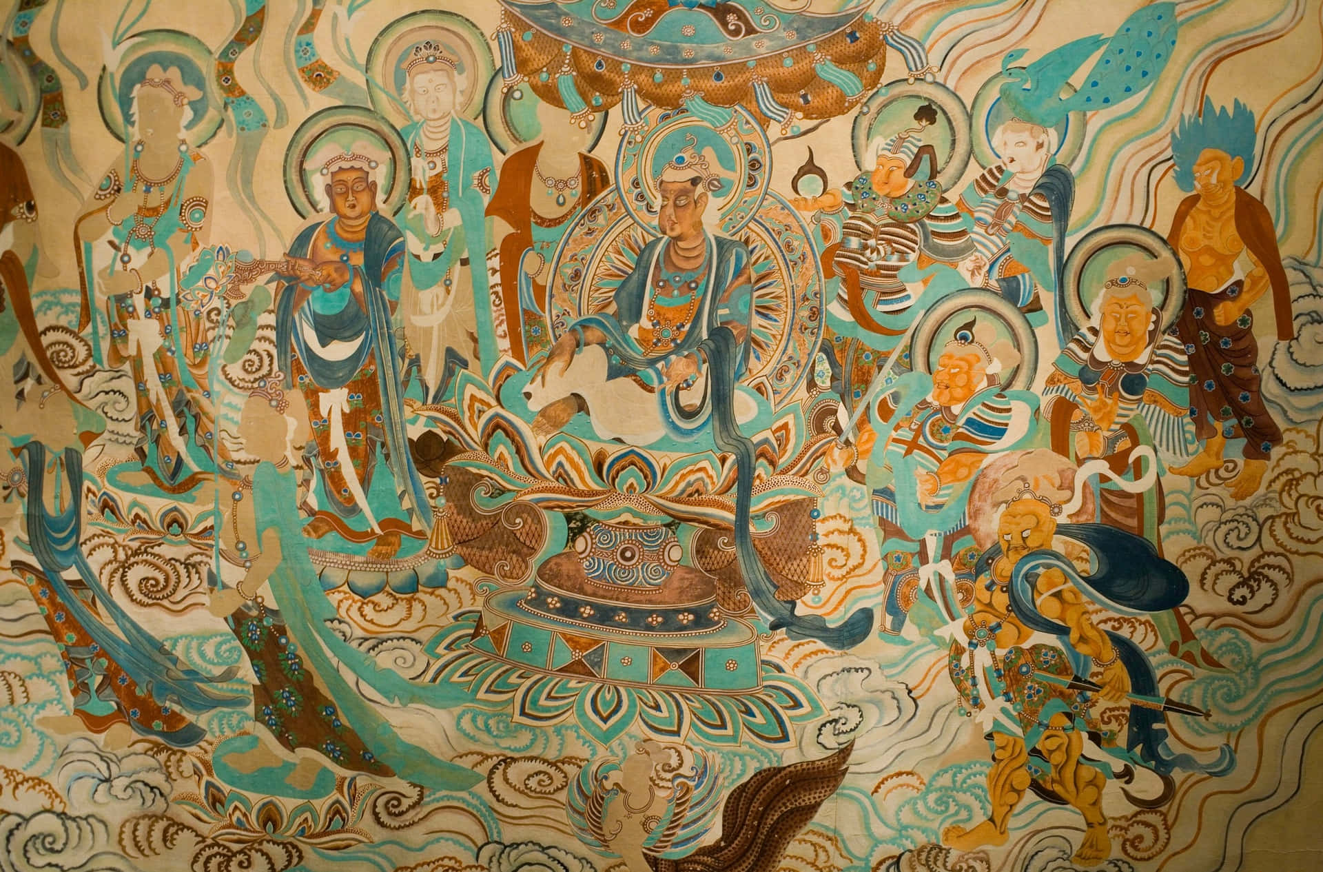 色彩繽紛的佛教壁畫，中央有神祇，周圍人物在雲紋圖案上。