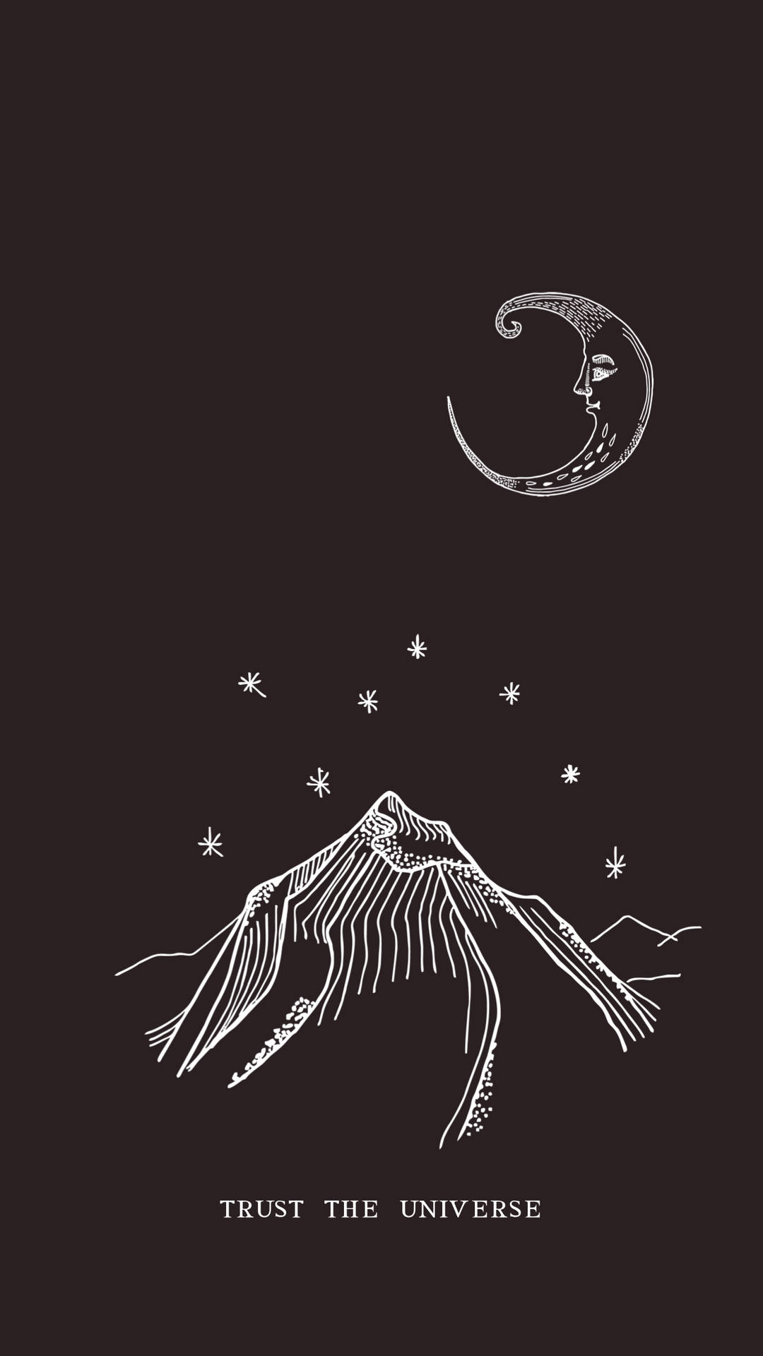 一幅帶有星星和「相信宇宙」字句的山峰與月亮插圖。