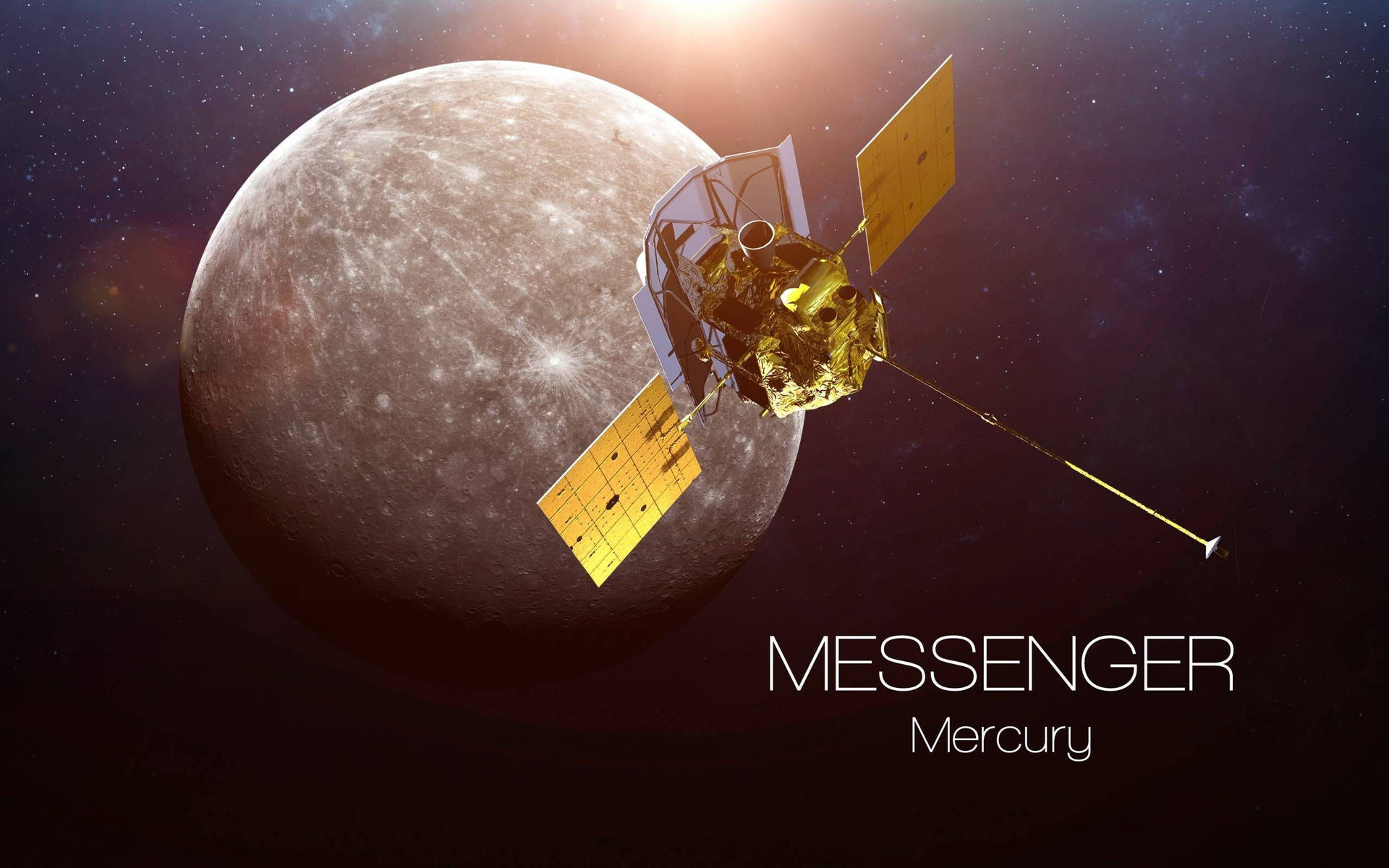 MESSENGER太空船在太空中環繞水星運行，背後有明亮的太陽。