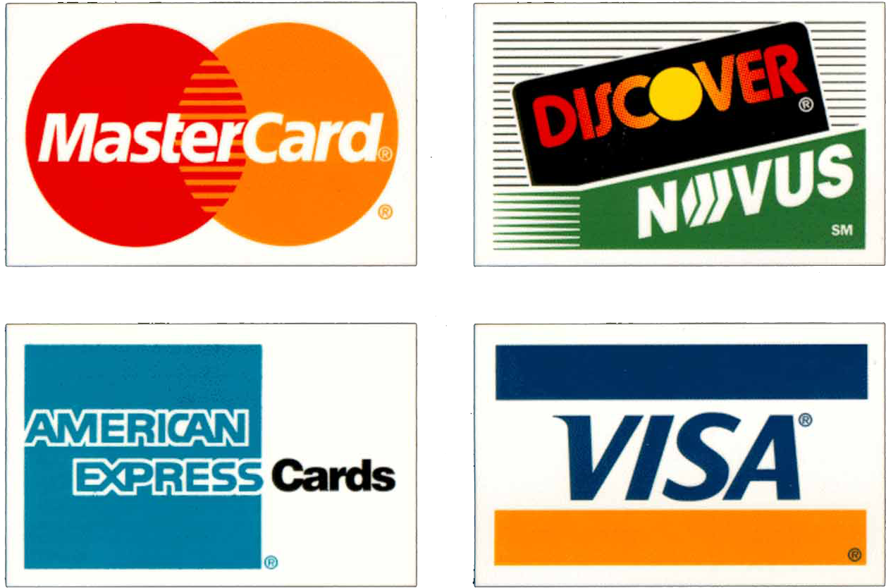 信用卡公司標誌 壁紙 — 四個復古信用卡標誌，包括 MasterCard、Discover、Novus、American Express 和 Visa，以網格顯示。