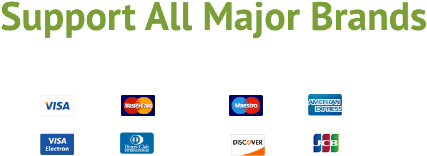 信用卡品牌支援標誌 壁紙 — 粗體綠色文字在黑色背景上顯示「Support All Major Brands」，上方有Visa、MasterCard、Maestro、American Express、Discover和JCB的標誌。