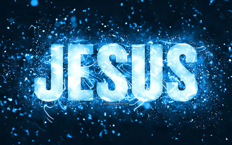 在黑暗背景下，閃爍的粒子圍繞著發光的藍色文字JESUS。