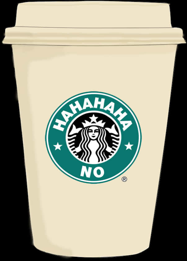 修改版星巴克咖啡杯標誌 壁紙 — 一個米色Starbucks咖啡杯連蓋，上面有一個修改過的標誌，其中'Starbucks'被綠色和白色的'HAHAHAHA NO'取代。