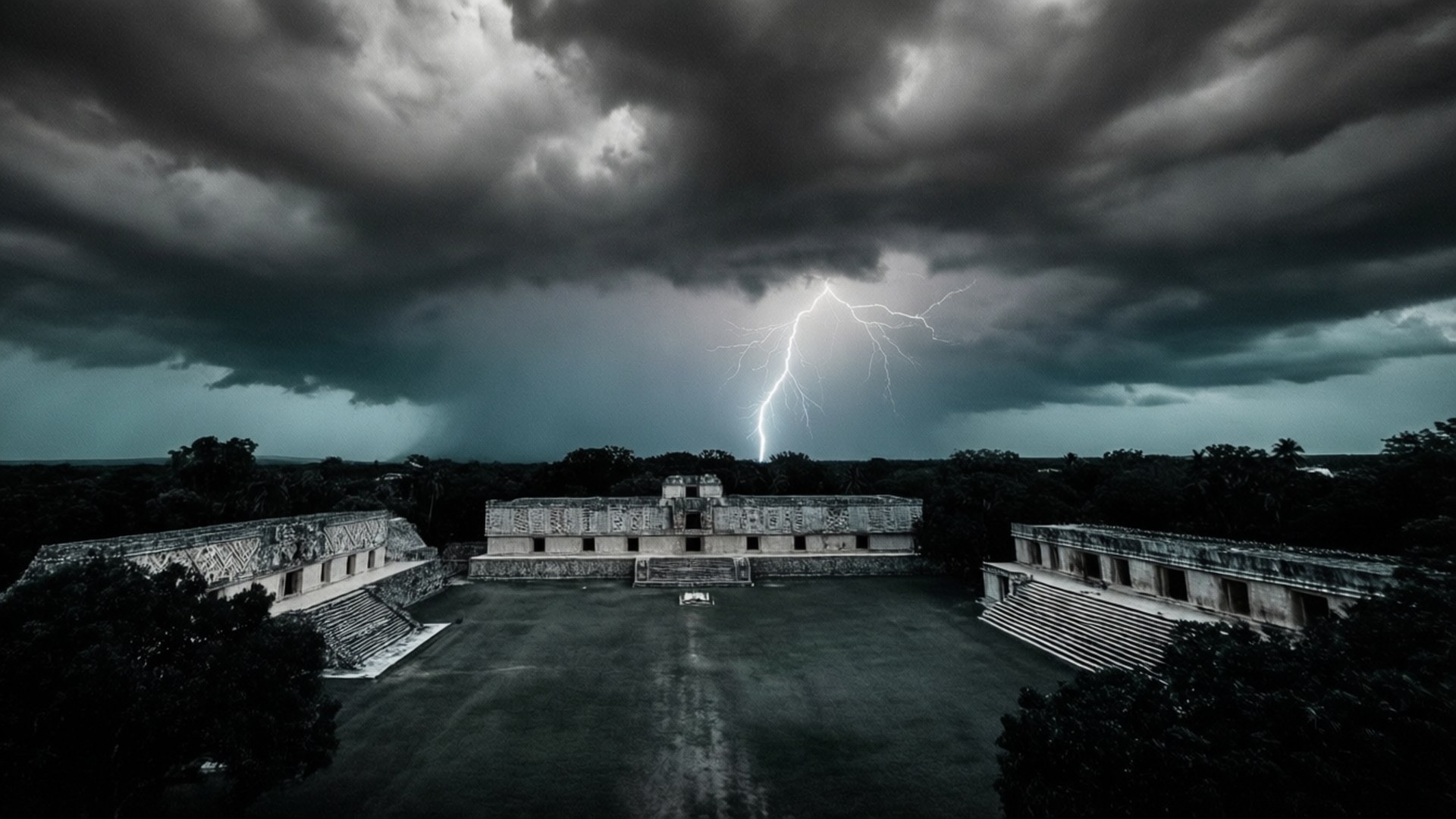 古老的石廟建築群在暴風雨中被閃電擊中。