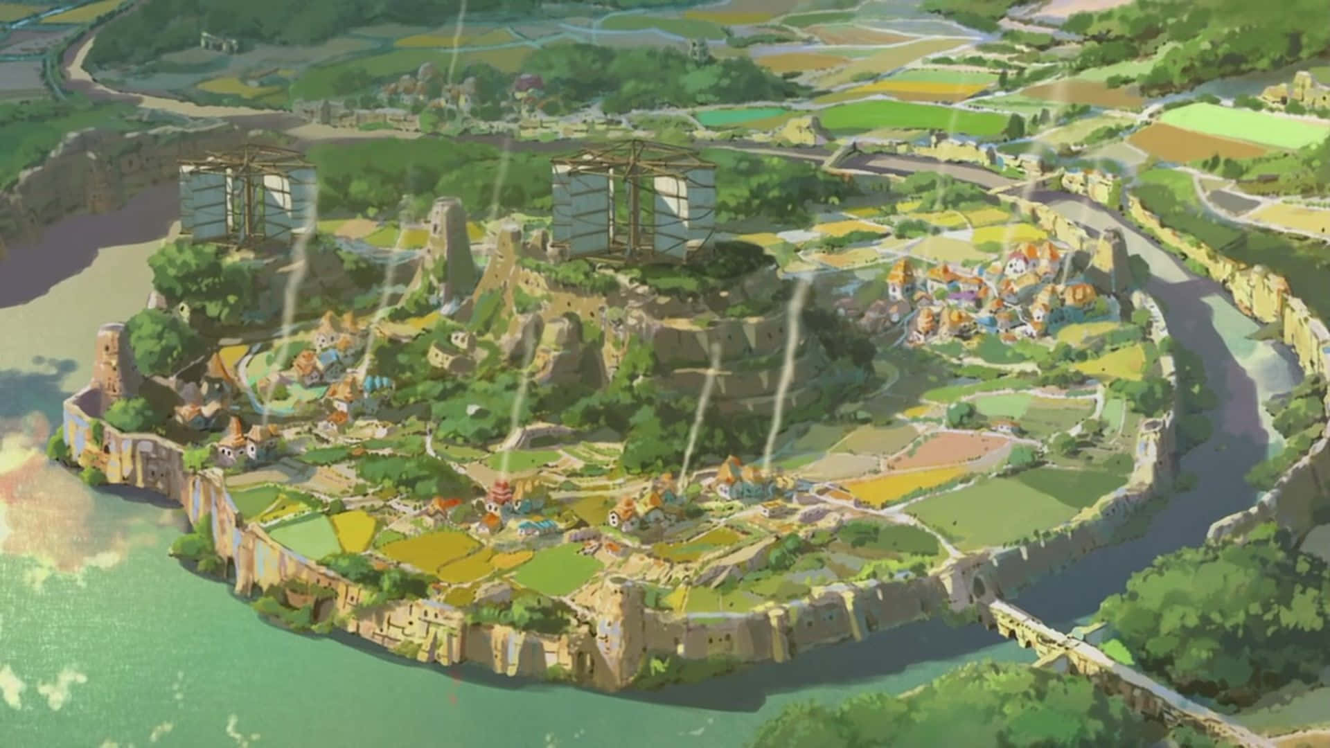 Naruto Village 桌布 壁紙 — 俯瞰一個充滿活力的動畫村莊，坐落在懸崖邊，周圍環繞著茂密的綠色田野和蜿蜒的河流。