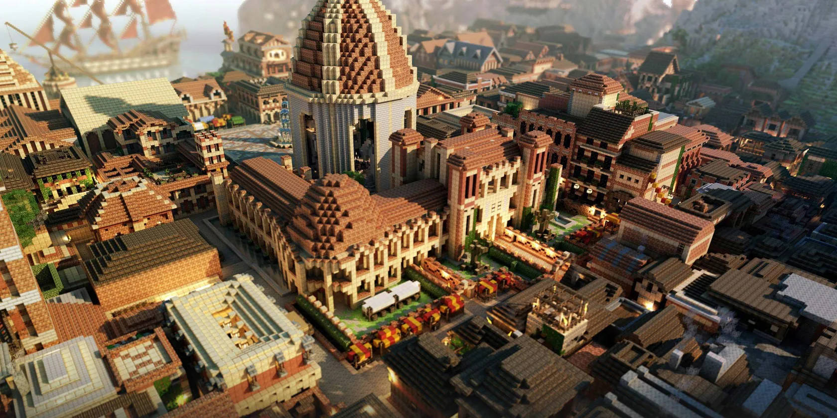 建築 桌布 壁紙 — 俯瞰一個廣闊的LEGO風格中世紀城市，中央有圓頂大教堂，周圍屋頂在柔和日光下。