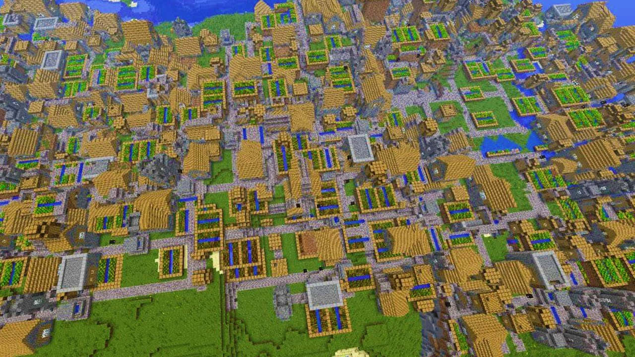 Minecraft Bedrock Edition 桌布 壁紙 — 俯瞰一個廣闊的Minecraft村莊，擁有木屋、綠色田野和藍色水道，採用方塊像素風格。