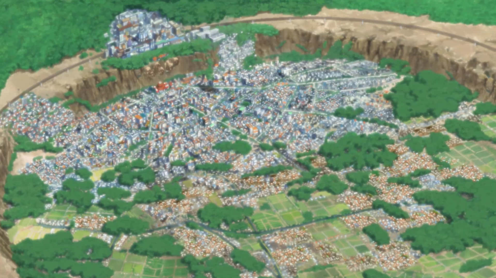 Naruto Village 桌布 壁紙 — 俯瞰一個繁華的動漫小鎮，坐落在山谷中，四周環繞著茂密的綠色森林和梯田。