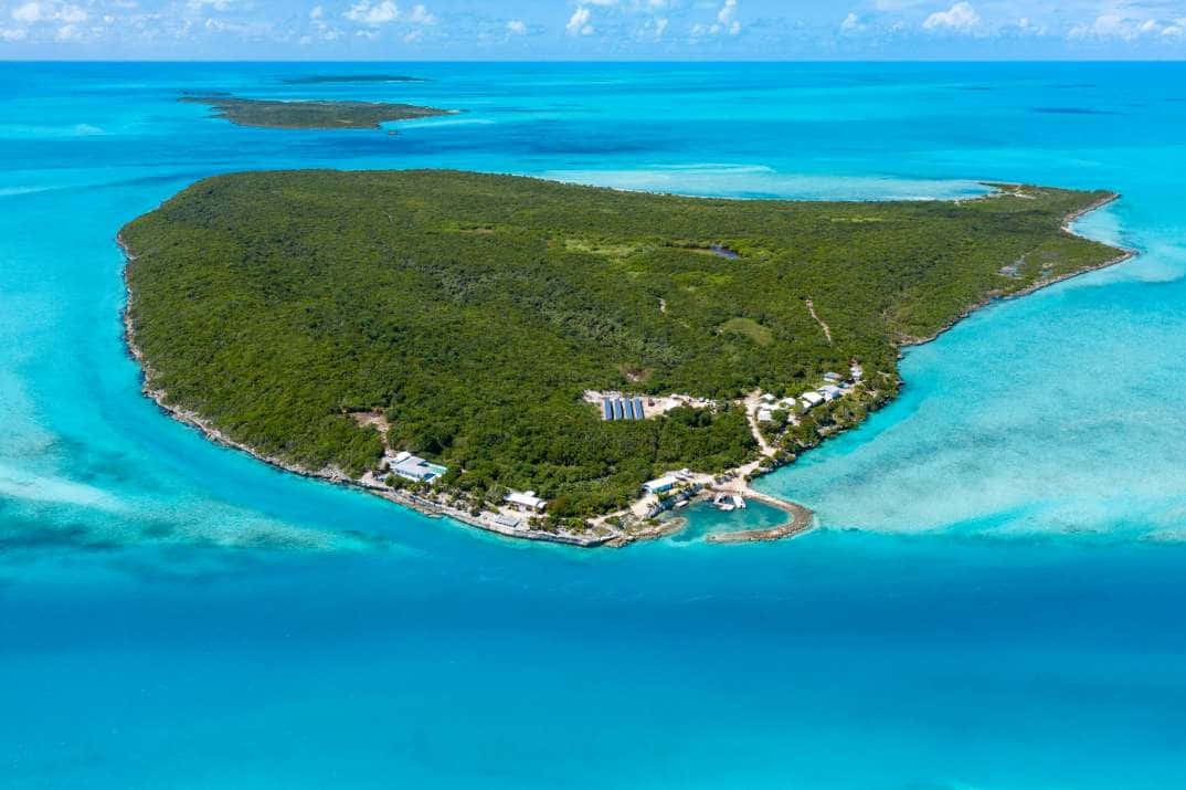 Bahamas Island 桌布 壁紙 — 俯瞰一個鬱鬱蔥蔥的綠色島嶼，周圍環繞著充滿活力的碧綠海水，並有一個小型沿海定居點。