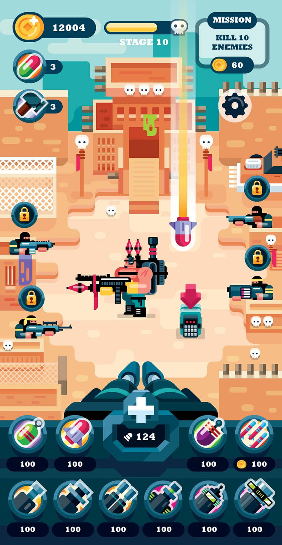 Game Design 桌布 壁紙 — 俯瞰像素藝術射擊遊戲場景，玩家在沙漠小鎮中瞄準敵人，包含任務目標和物品欄。