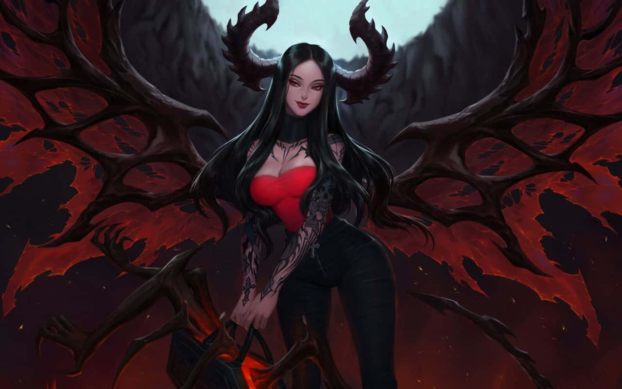 俯瞰山谷 壁紙 — 一位黑色角和紅色翅膀的黑暗奇幻動漫女性自信地站在火熱的洞穴環境中。