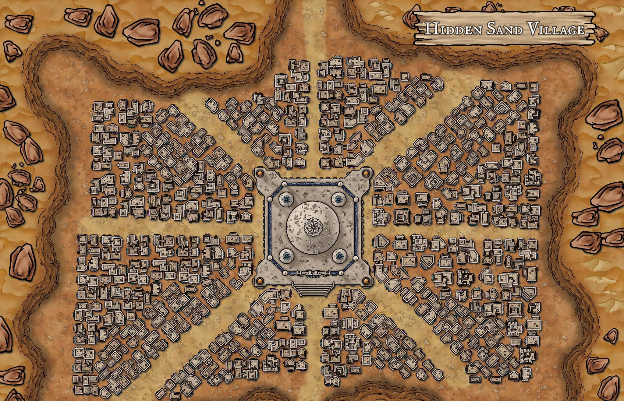 Hidden Sand Village 桌布 壁紙 — 俯瞰插圖地圖，描繪一個沙漠村莊，有石頭建築和中央神廟，周圍環繞著沙子和岩石。