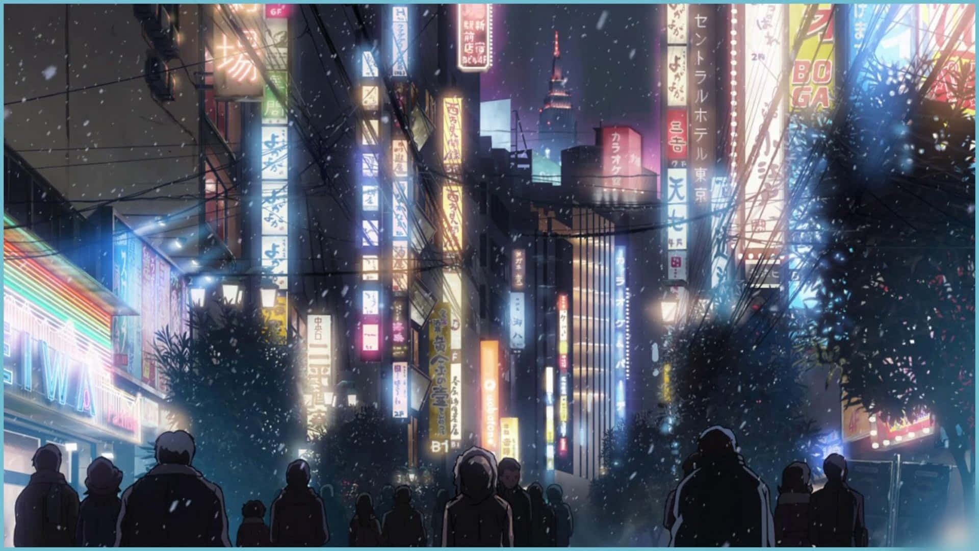 剪影人物在夜晚走過被彩色霓虹招牌照亮的積雪東京街道。