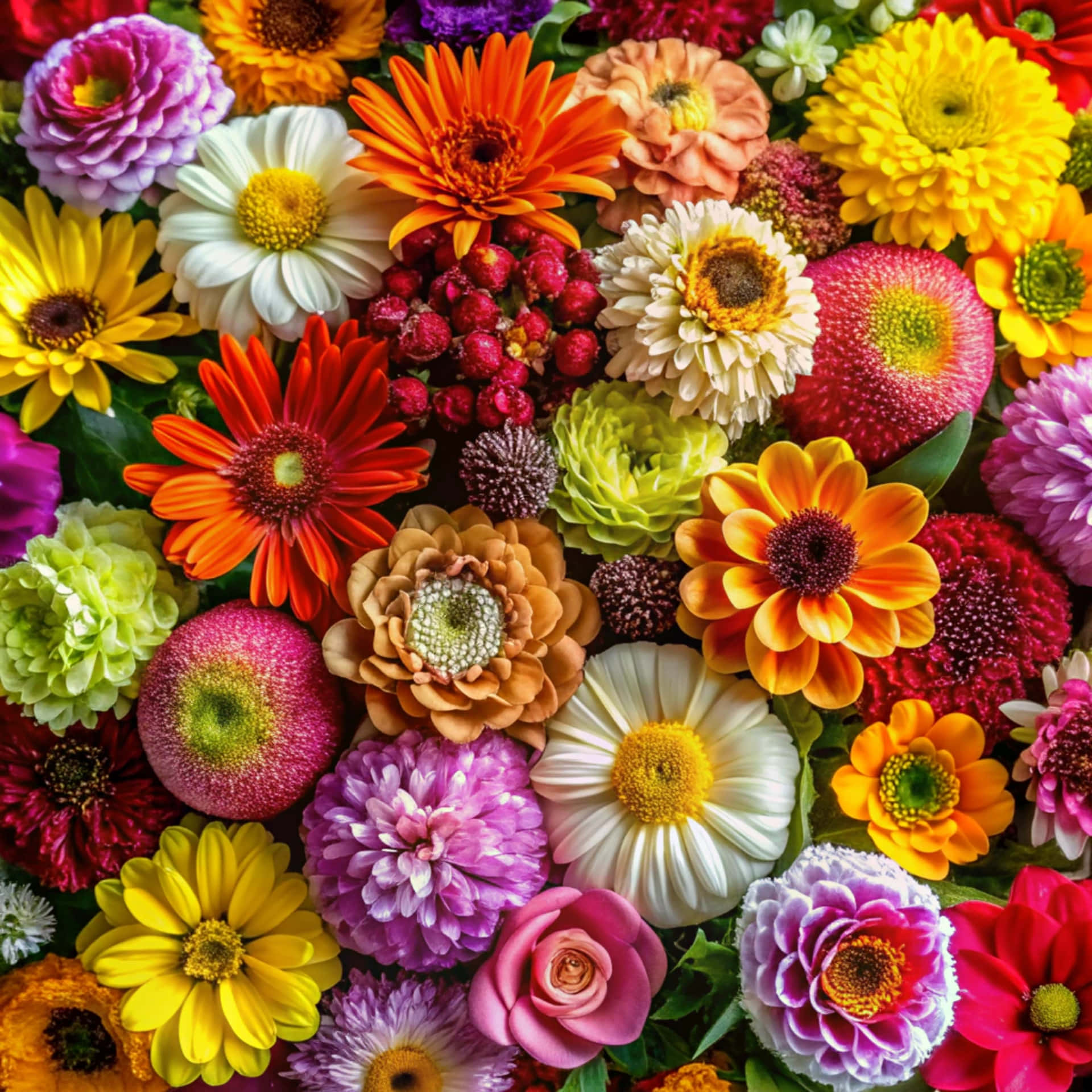 色彩繽紛的花朵密集排列，包括雛菊、非洲菊和玫瑰，色調鮮明。 — 美麗 壁紙