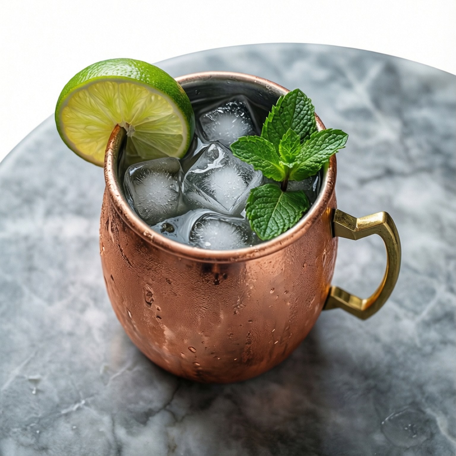 灰色大理石表面上的銅杯，內有冰塊、青檸和薄荷