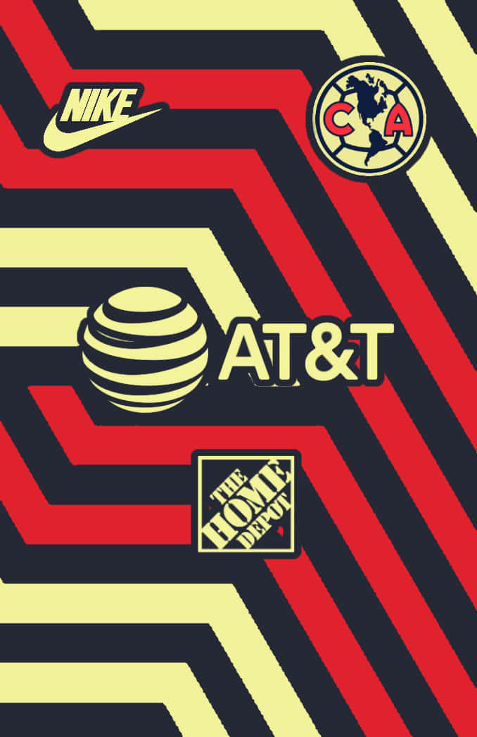 帶有對角線條紋及企業標誌（包括Nike、AT&T和Home Depot）的牆紙。
