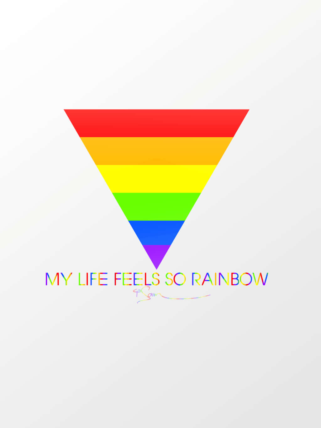 倒三角形與可愛LGBT驕傲色彩 壁紙 — 一個鮮豔的倒置彩虹三角形，下方有彩色文字，背景為柔和的白色。