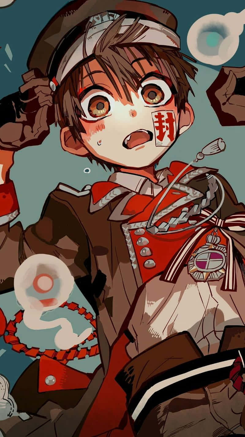 穿著制服的動漫男孩，臉頰上有印記，被漂浮的魔法球體包圍。