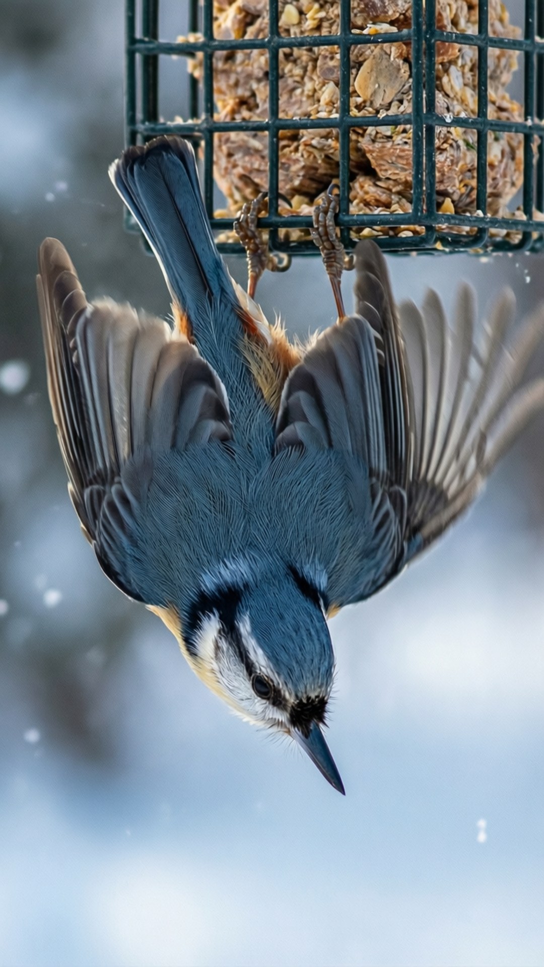 藍灰色鳥兒在飄雪中倒掛在種子餵食器上。