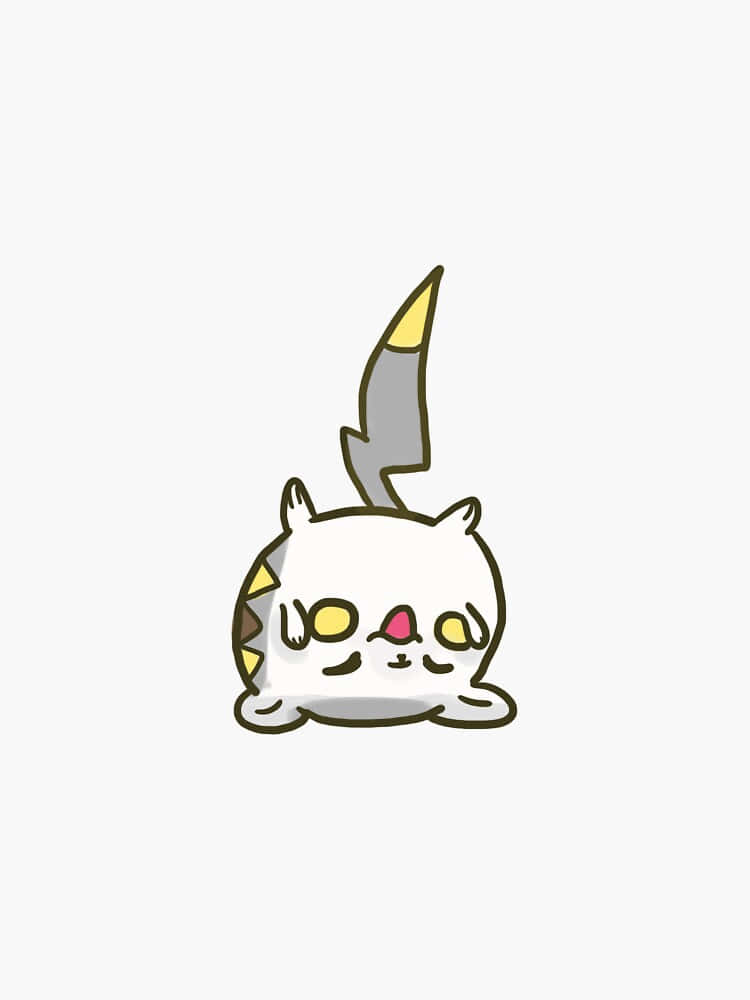 倒立的 Togedemaru 壁紙 — 一隻可愛的卡通貓，有閃電尾巴和睡眼惺忪的眼睛，在純色背景上休息。