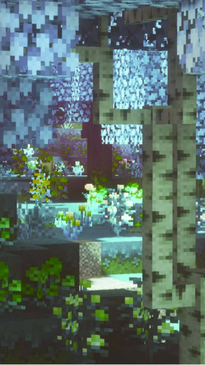 像素化方塊中的Minecraft水下場景，有發光植物和白樺樹。