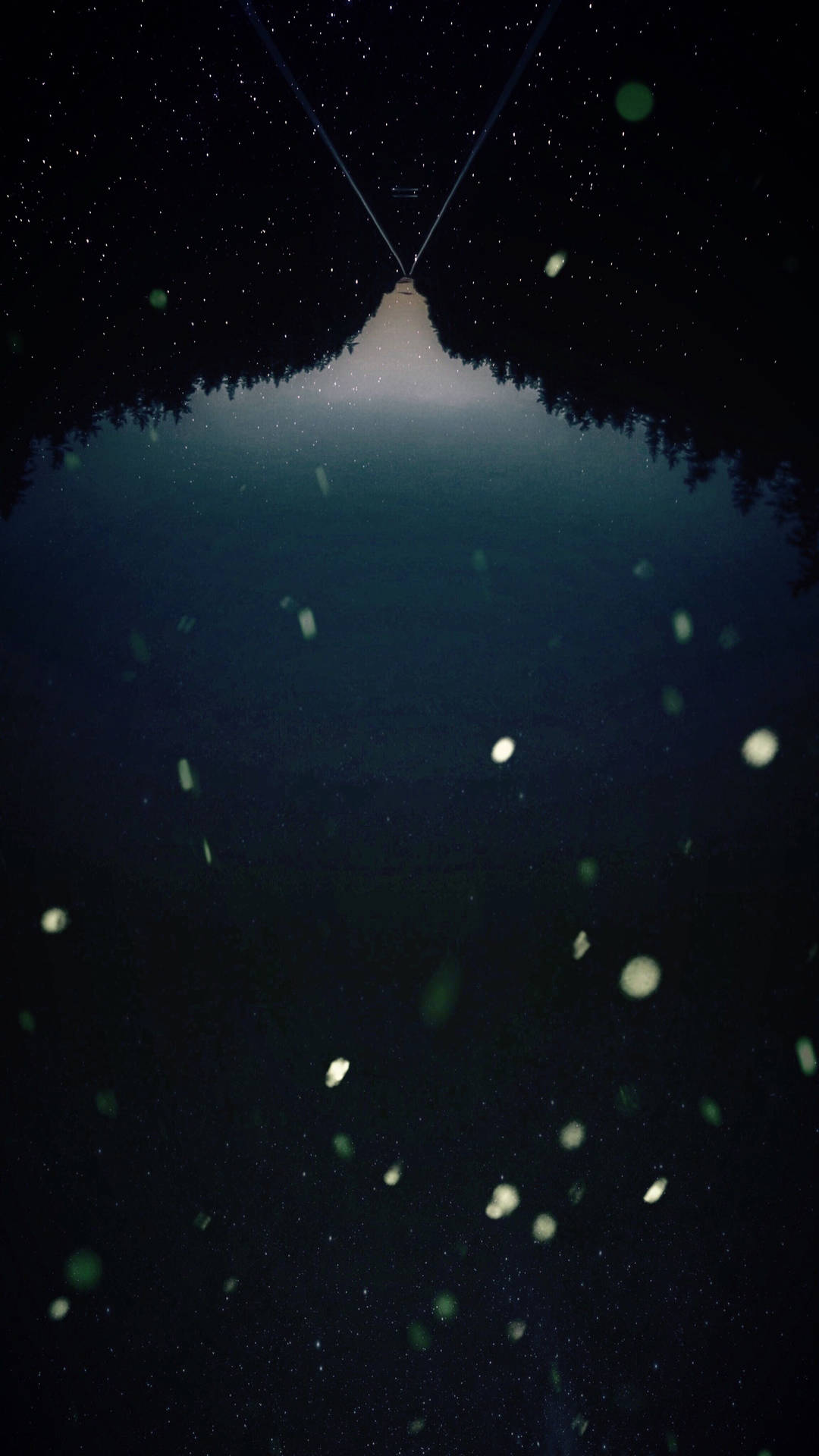 星空倒映在黑暗的水面上，有漂浮的發光粒子。