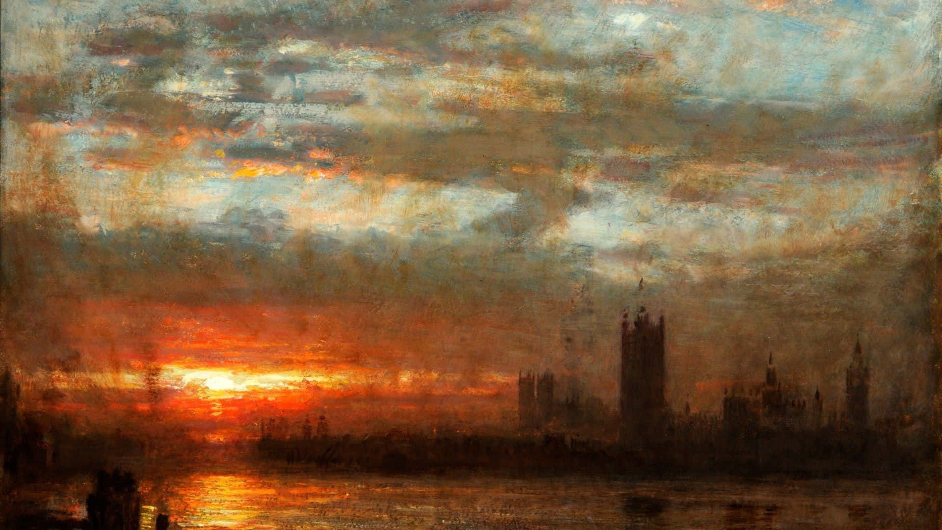Romanticism 桌布 壁紙 — 倫敦天際線上的壯麗日落，火紅色的雲彩倒映在下面的河流中。