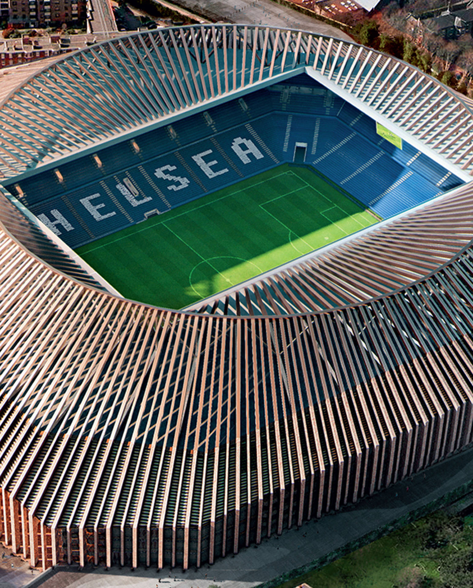 史丹福橋球場的鳥瞰圖，綠色球場和藍色座位拼出CHELSEA。