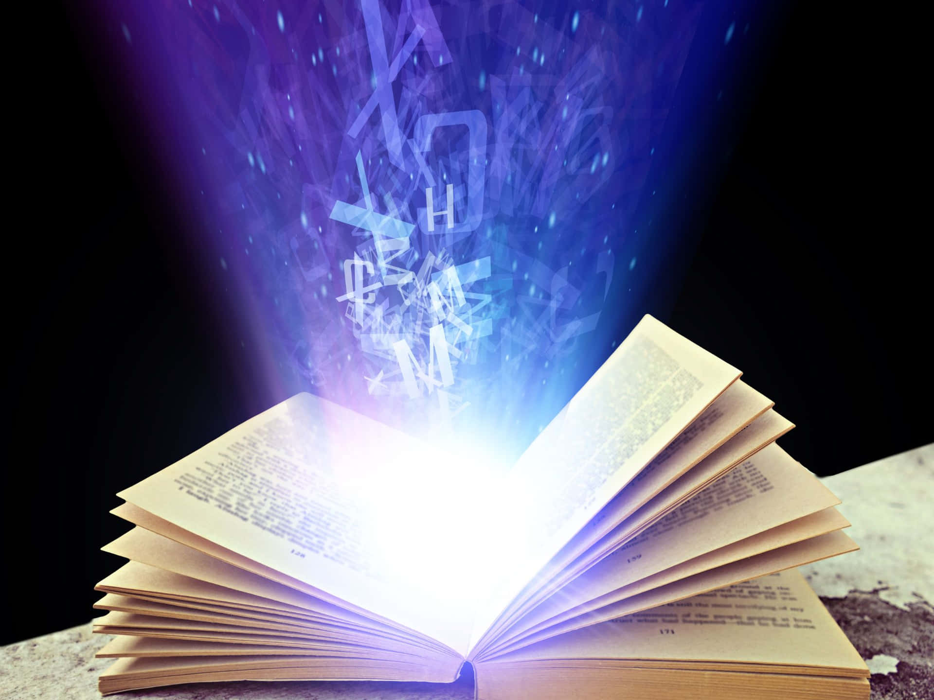 打開的書本閃爍著魔法文字，向上飄浮。