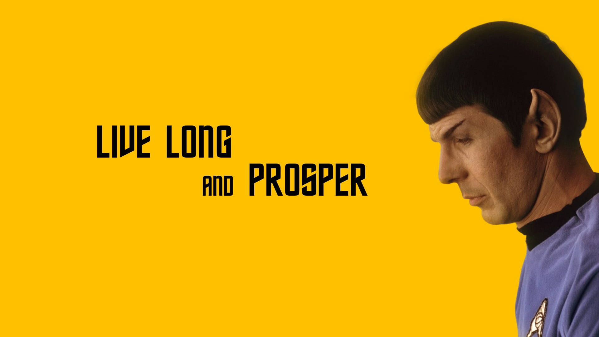 《星際迷航》中的史波克，黃色背景上寫有「Live Long and Prosper」文字。