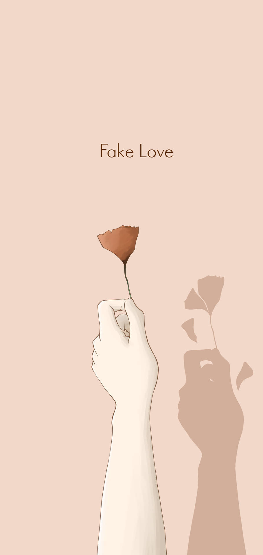 手拿枯萎的花，有陰影和文字「Fake Love」，蜜桃色背景