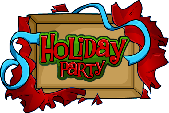 假日派對標誌插畫 壁紙 — 一個節日卡通標誌，上面寫著 Holiday Party，紅色和藍色絲帶在木框周圍旋轉。
